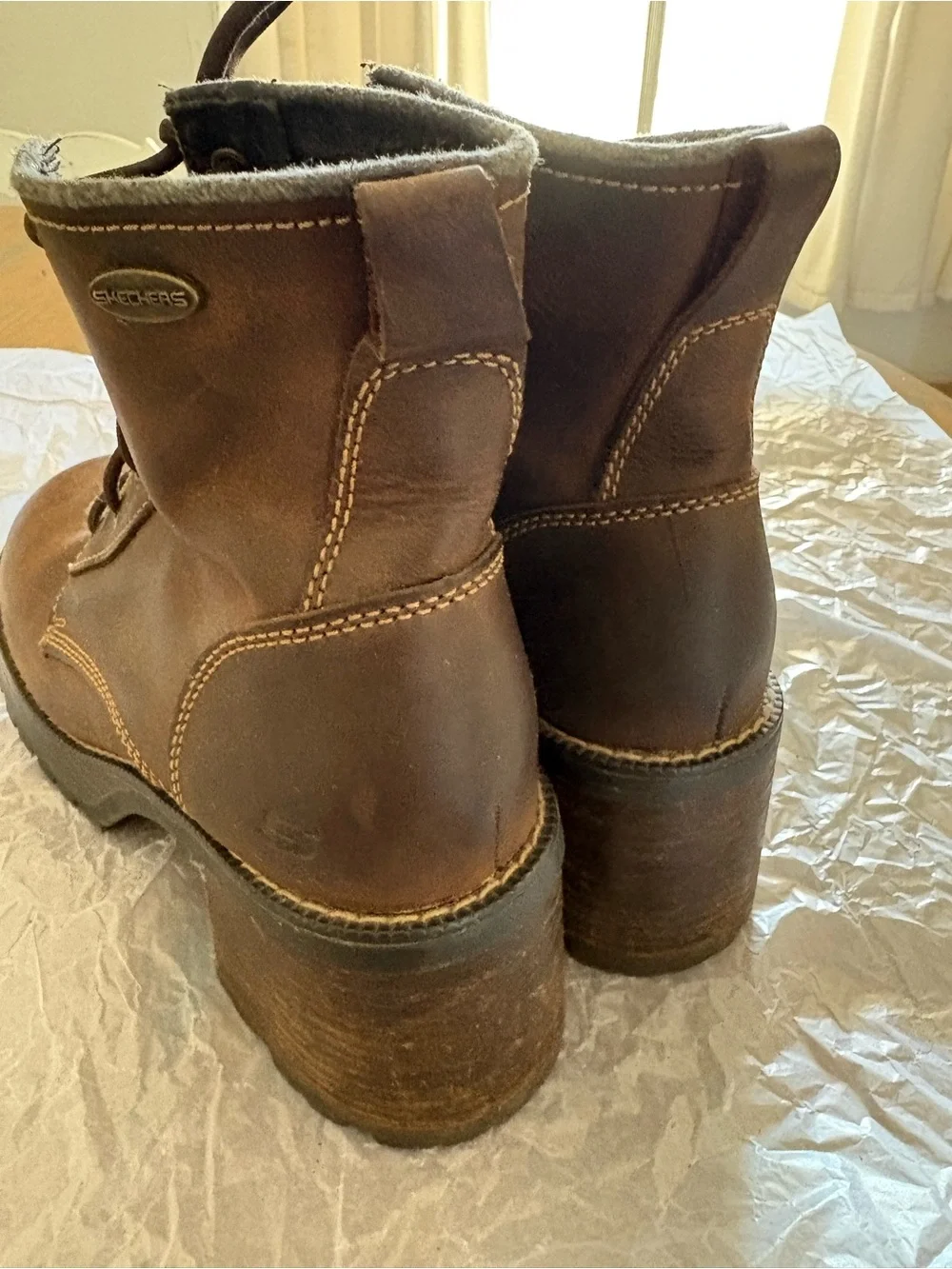 Skechers Y2K Women's Leather Brown Lace-Up Chunky Heel Combat Boots 90s - Picture 4 of 8